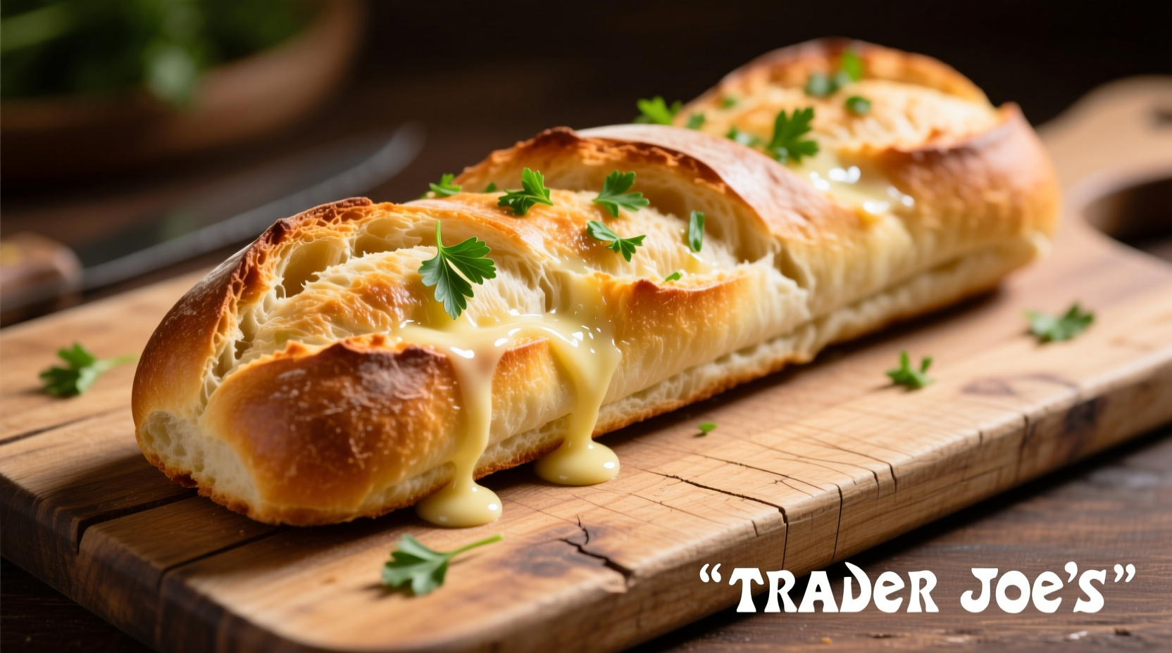 Perfectly baked Trader Joe's garlic bread on wooden cutting board
