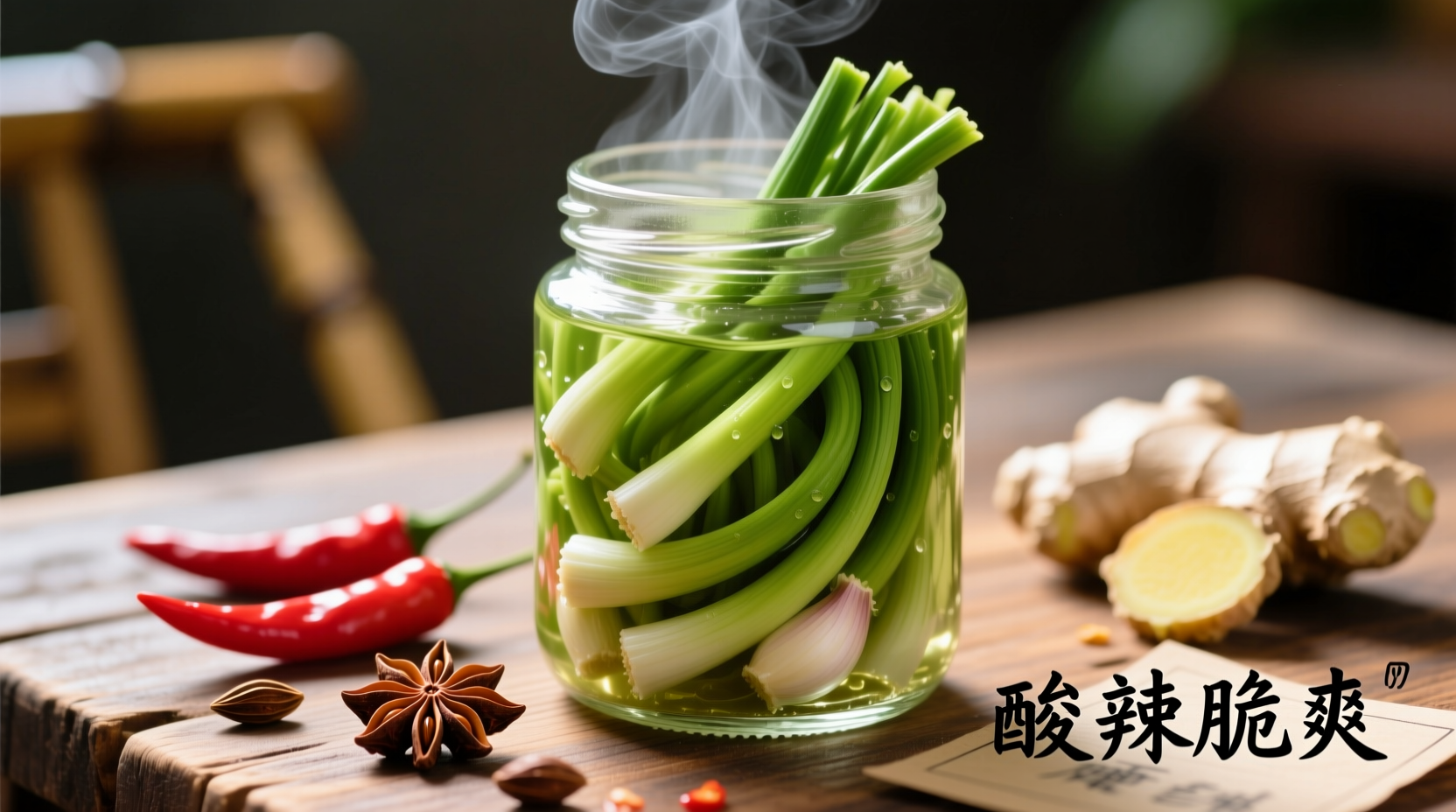 Vibrant green pickled garlic scapes in glass jar with spices