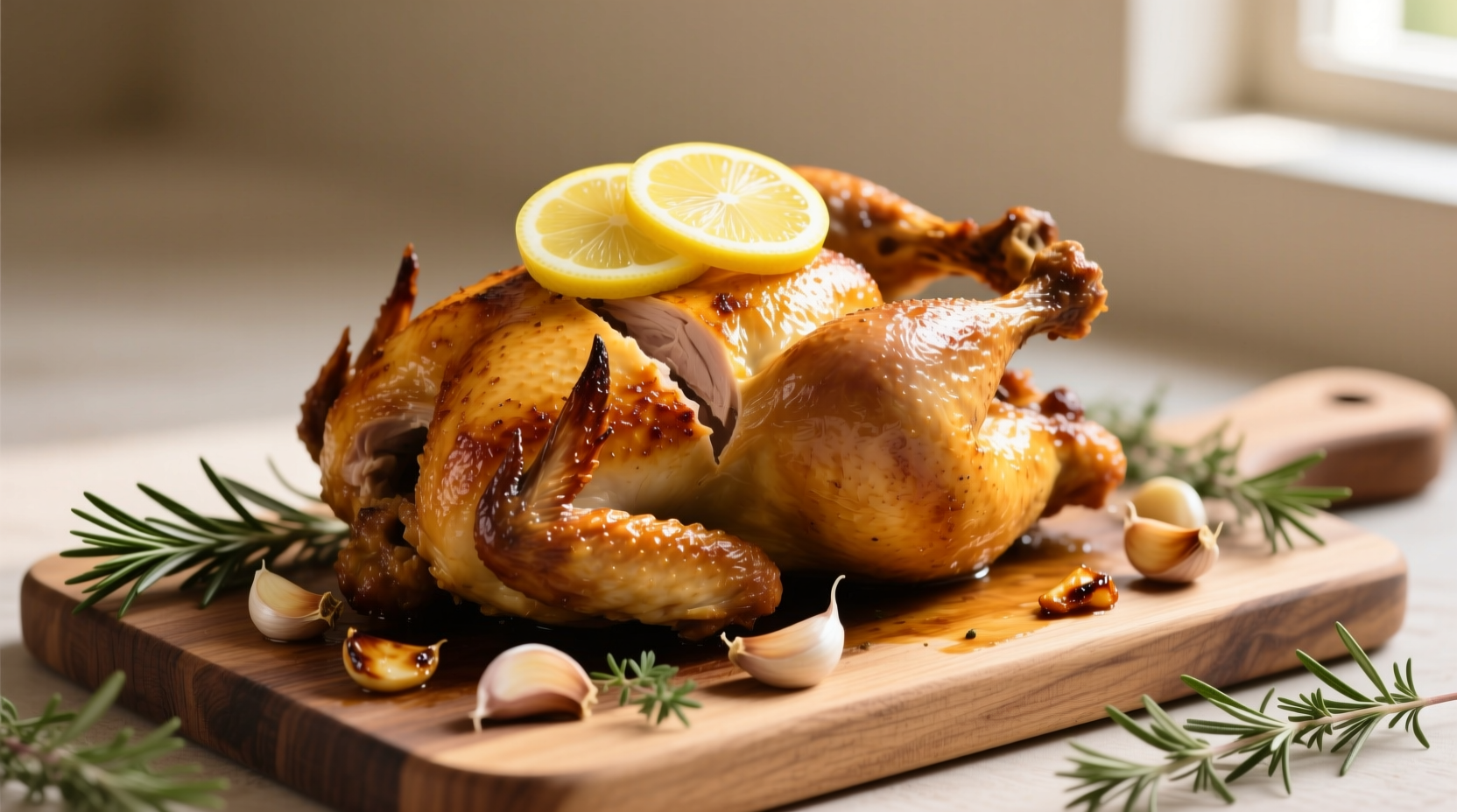 Golden brown roast chicken with lemon slices and garlic cloves