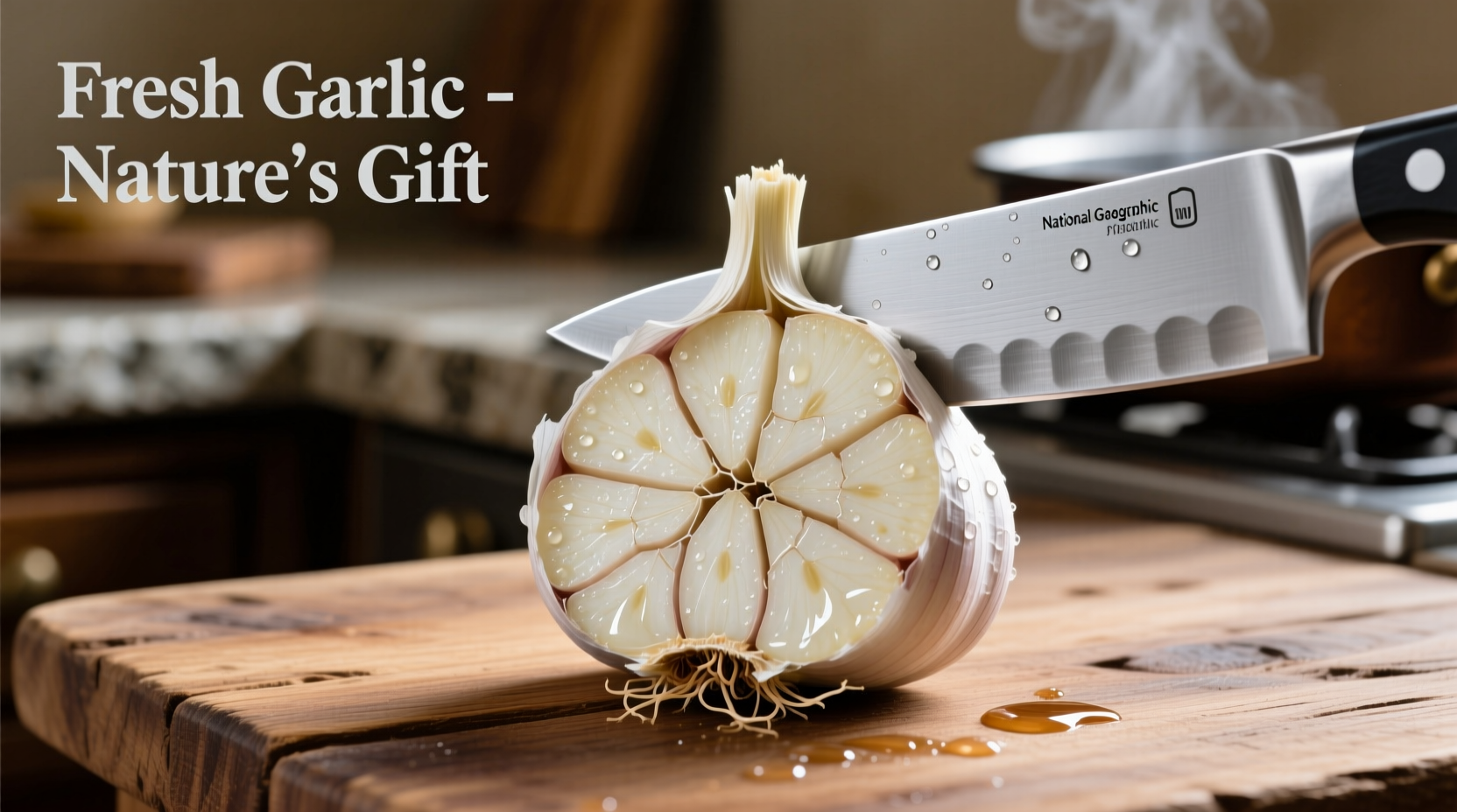 Fresh garlic cloves with knife showing cross-section
