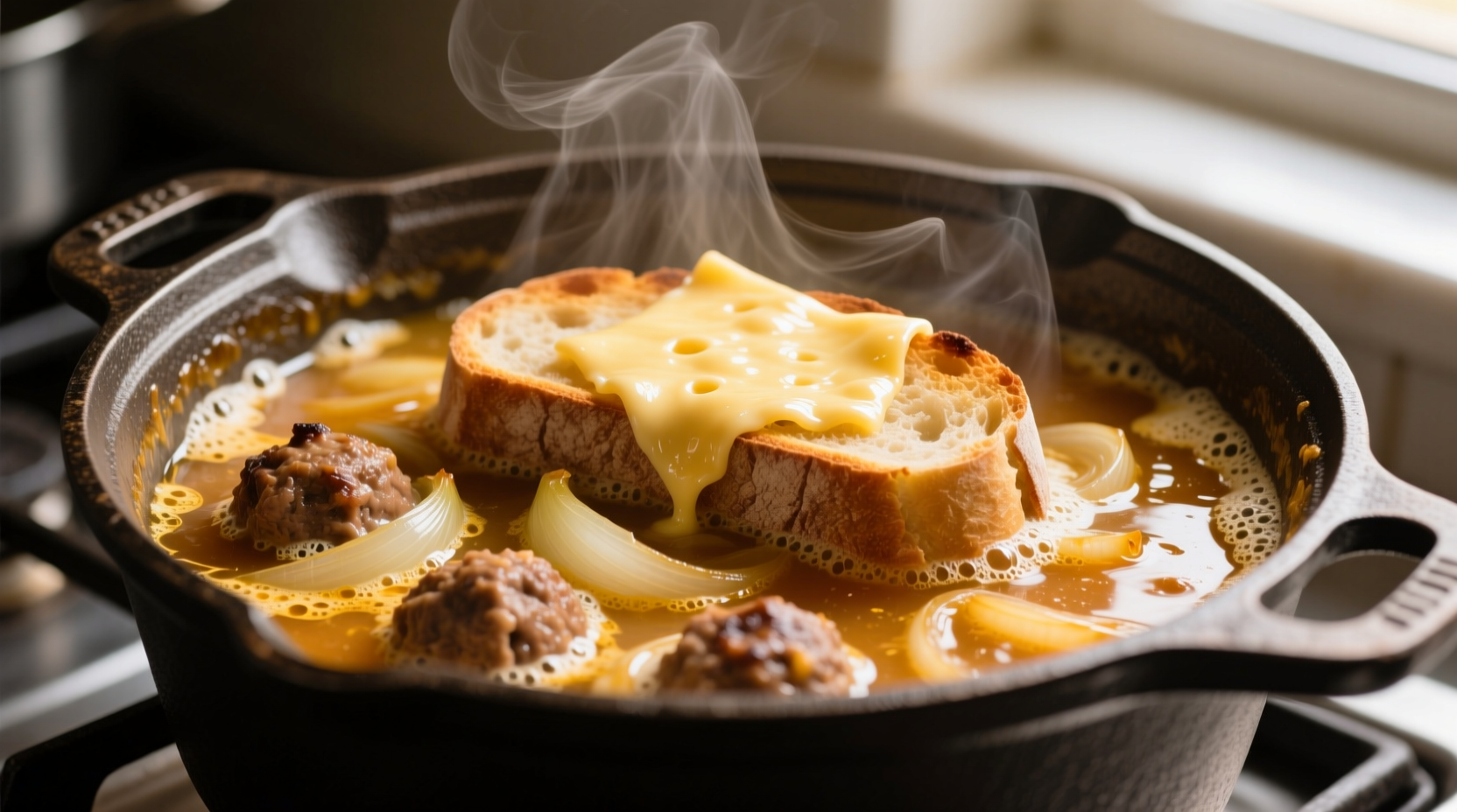 Meatballs simmering in golden French onion soup
