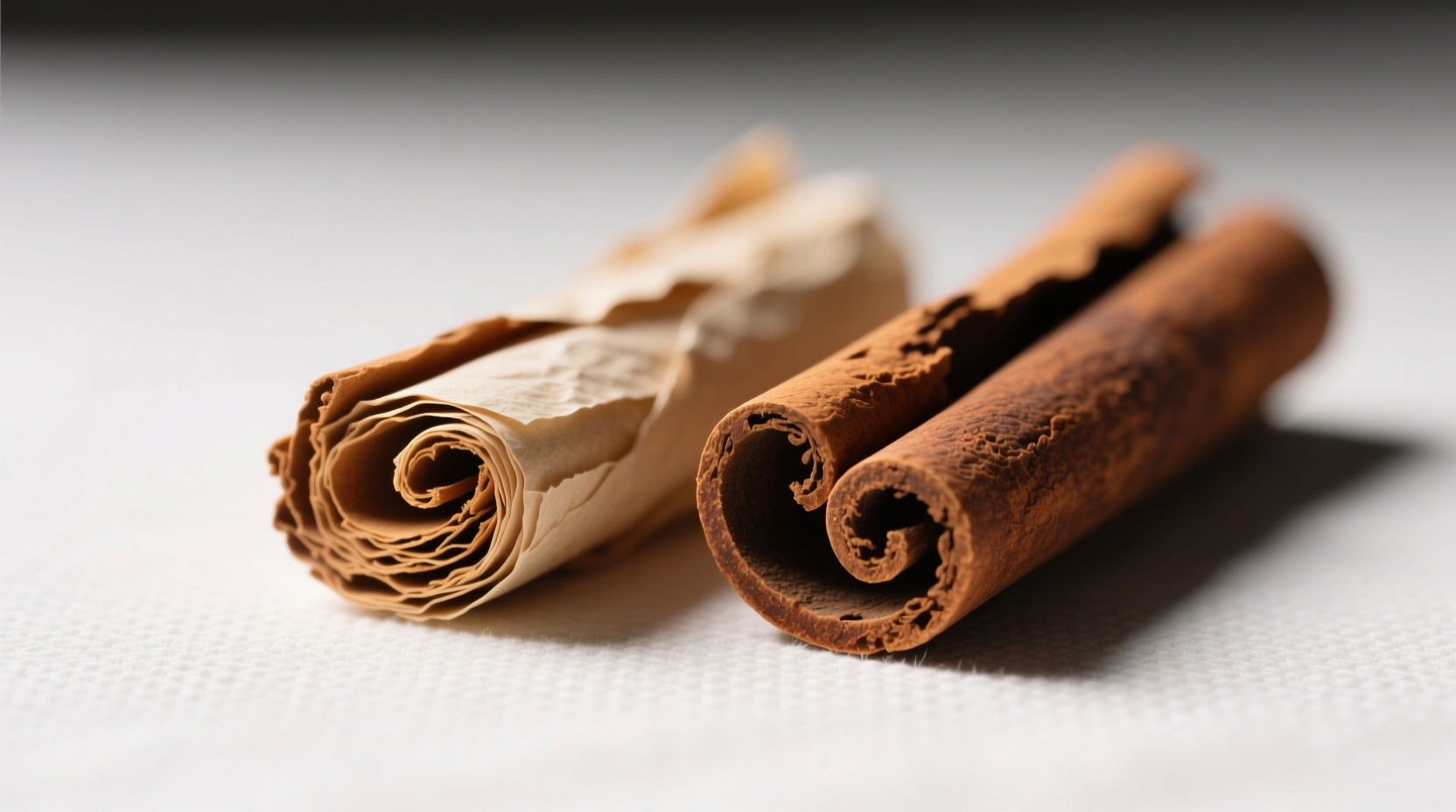 Close-up comparison of Ceylon cinnamon's thin, layered quills versus Cassia's thick, hard bark