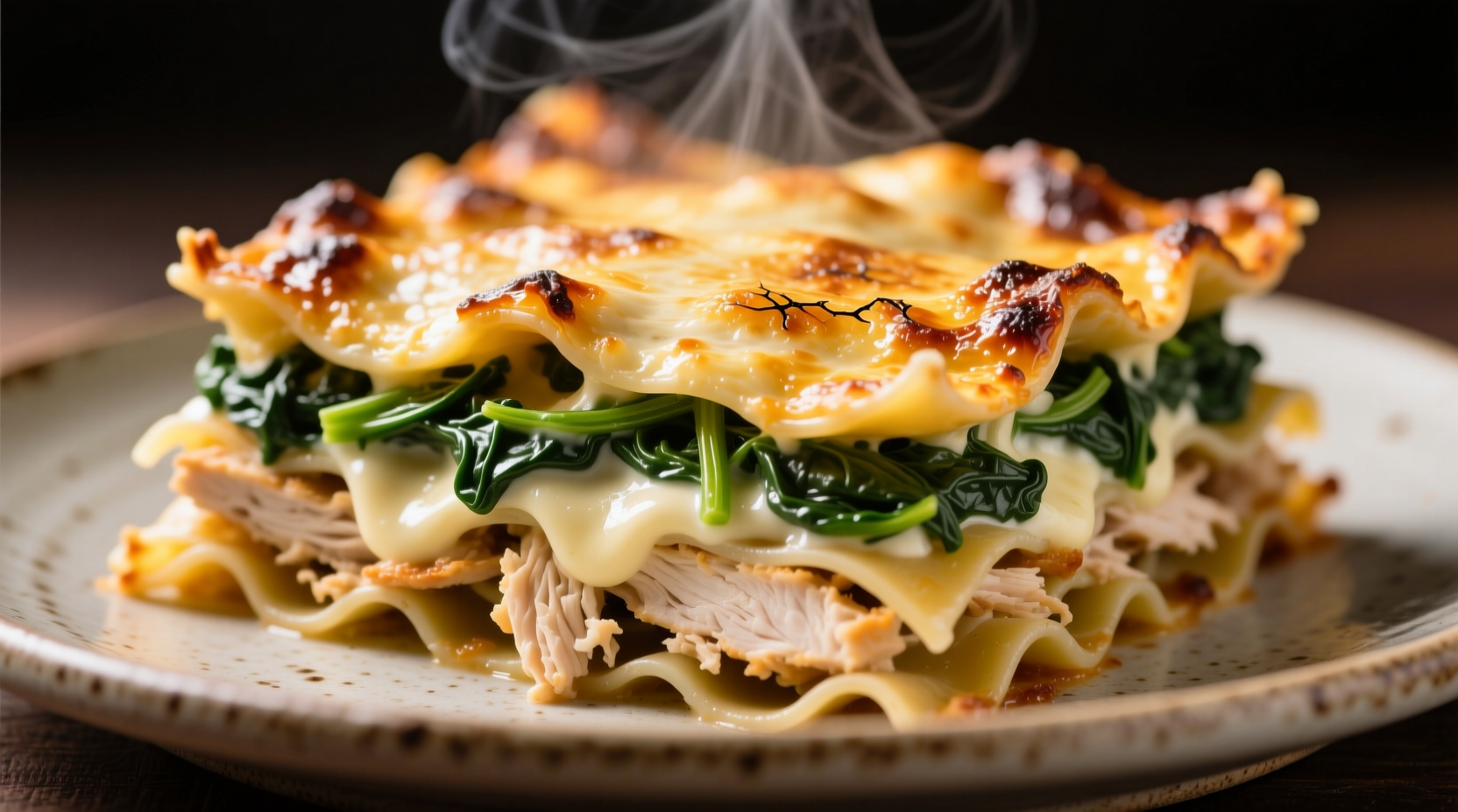 Perfectly layered chicken spinach lasagne with golden top