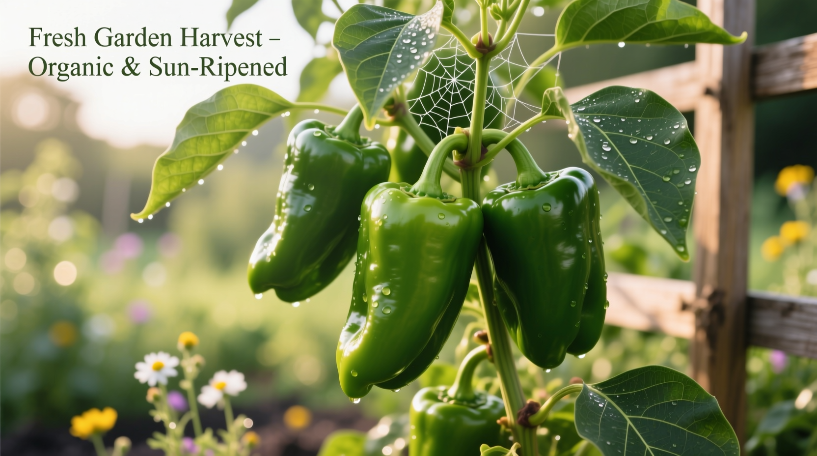 Green bell peppers growing on plant in garden