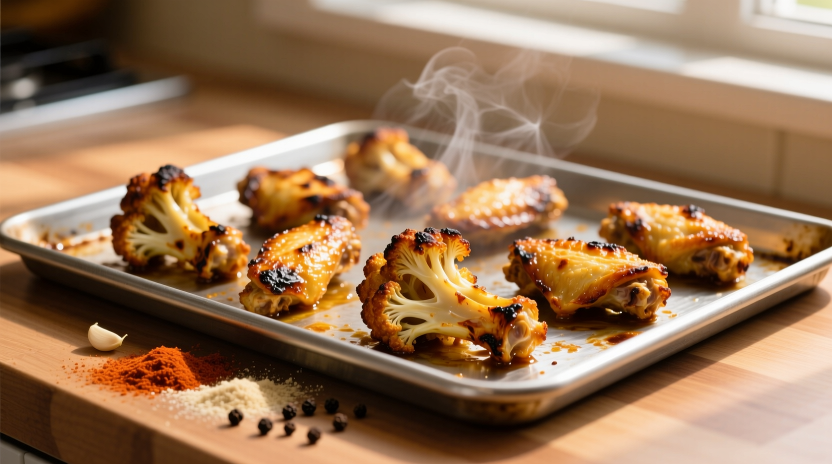 golden brown cauliflower wings on baking sheet