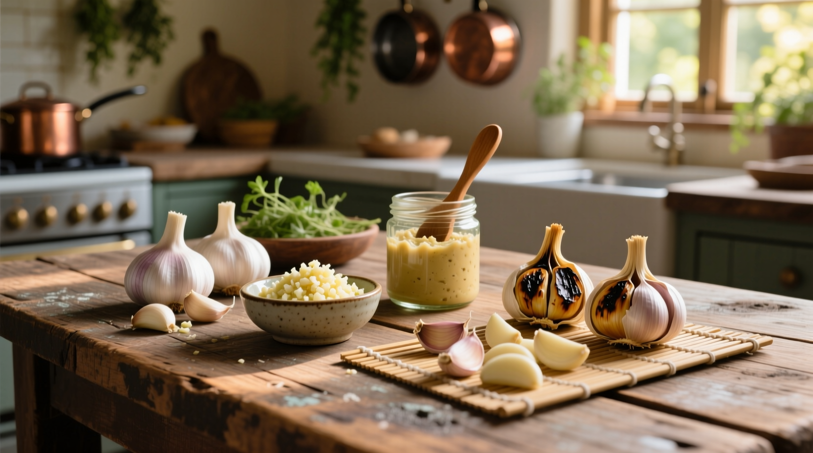 Variety of garlic preparations on wooden table