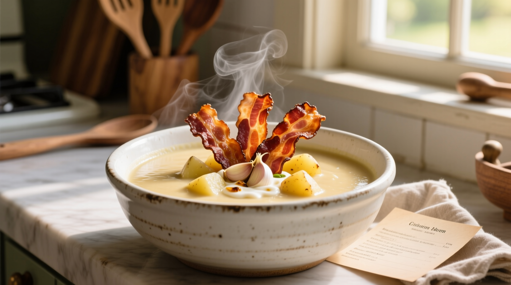 Creamy Longhorn potato soup in white bowl with bacon garnish
