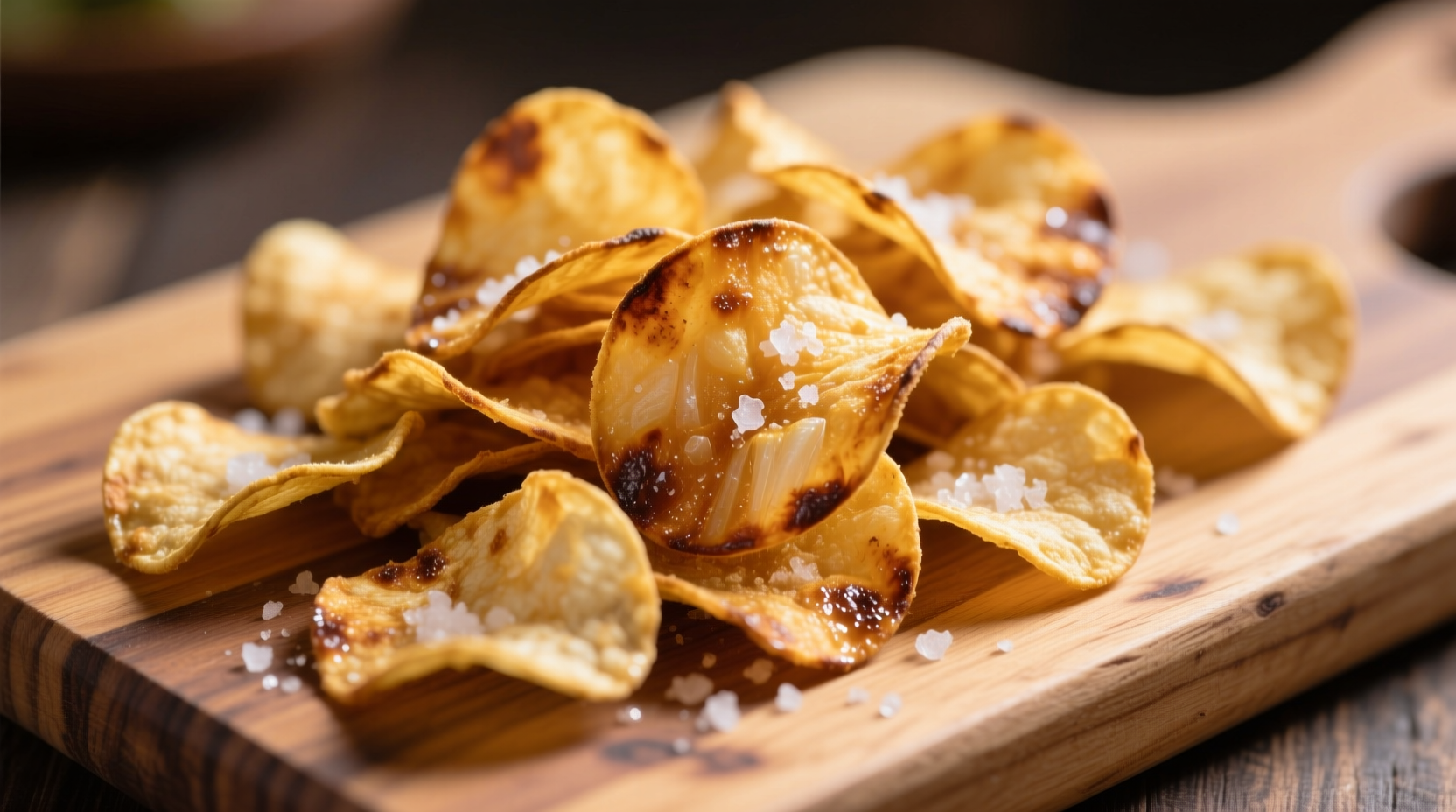 Golden crispy Hawaiian sweet onion chips on wooden cutting board