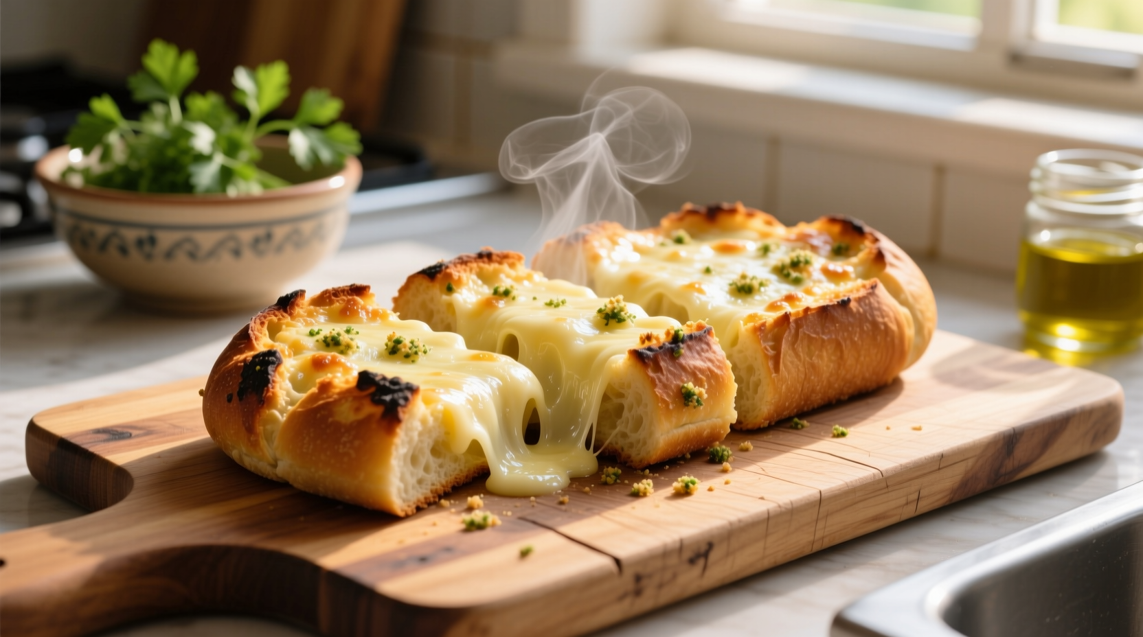 Golden cheesy garlic bread on wooden cutting board