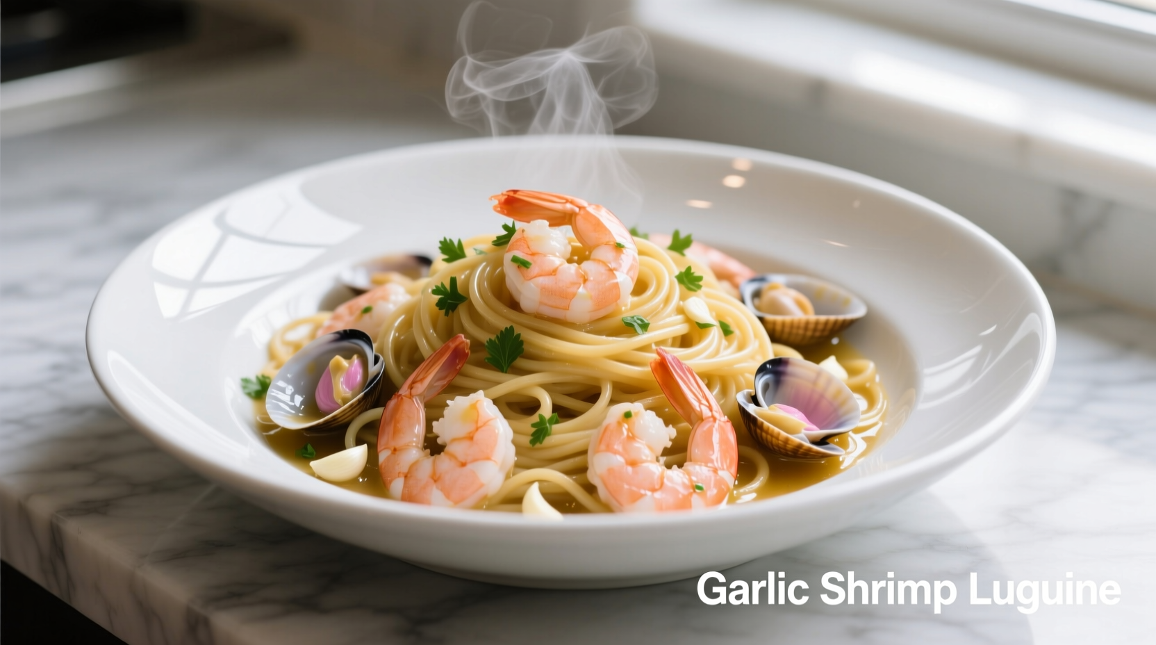 Perfectly cooked garlic shrimp linguine in white bowl