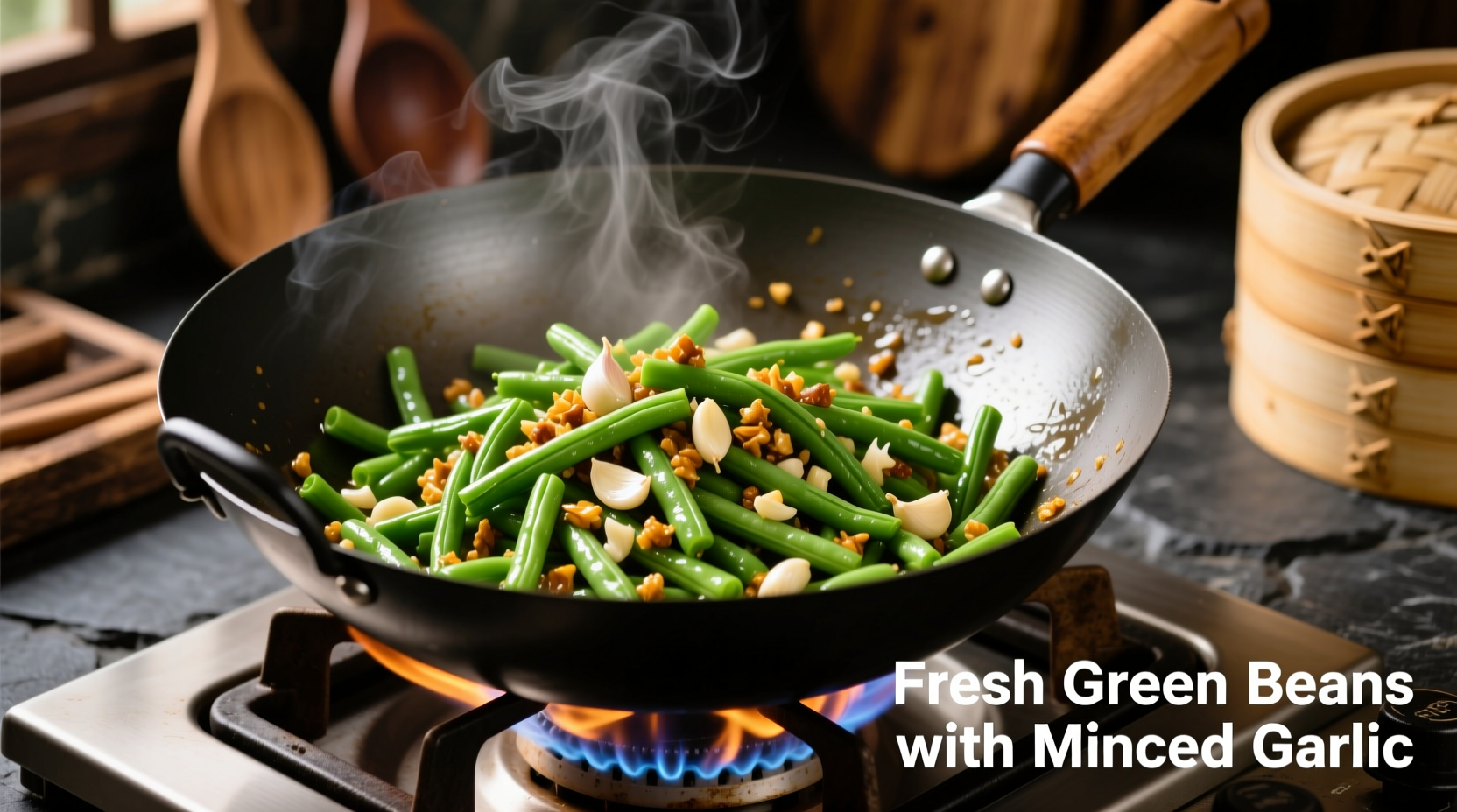 Fresh green beans with minced garlic in wok