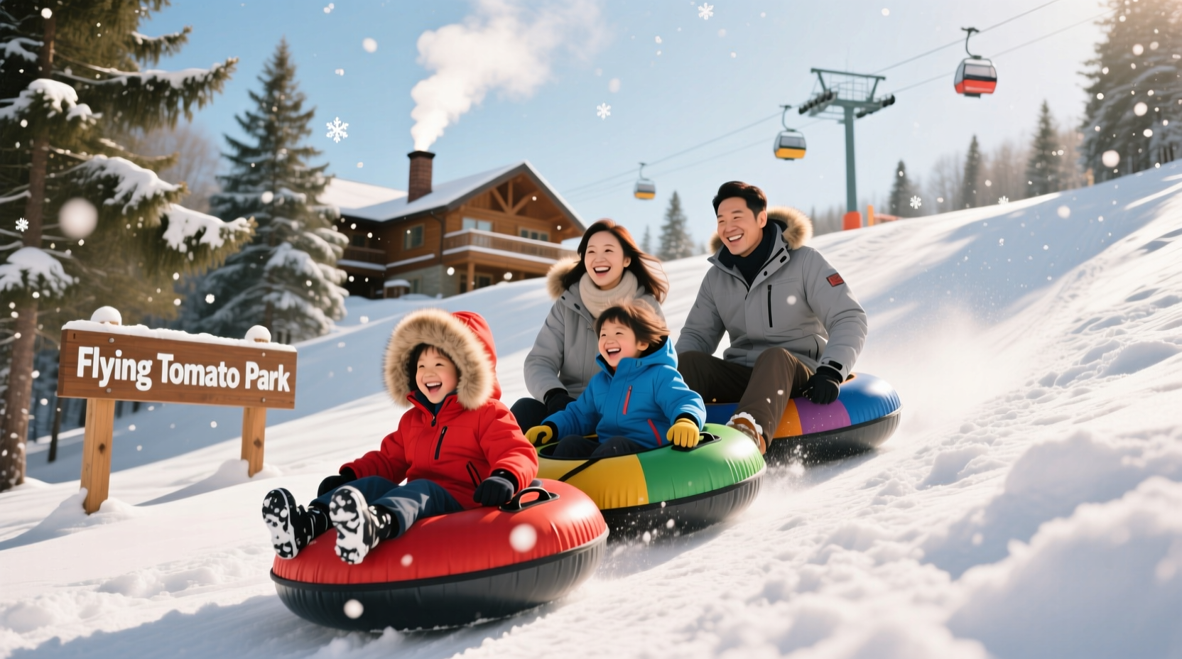 Family enjoying snow tubing at Flying Tomato park
