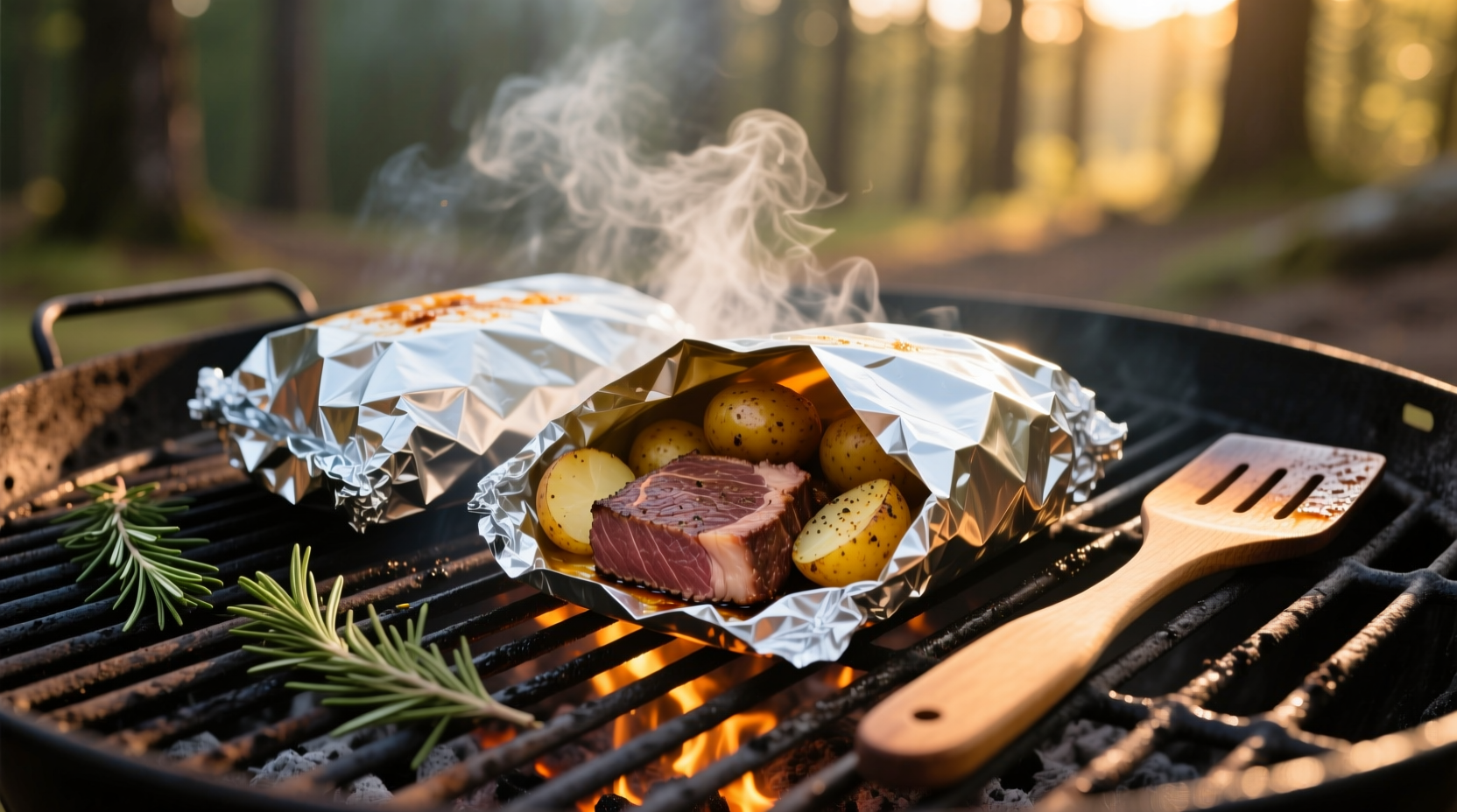 Steak and potato foil packets on grill