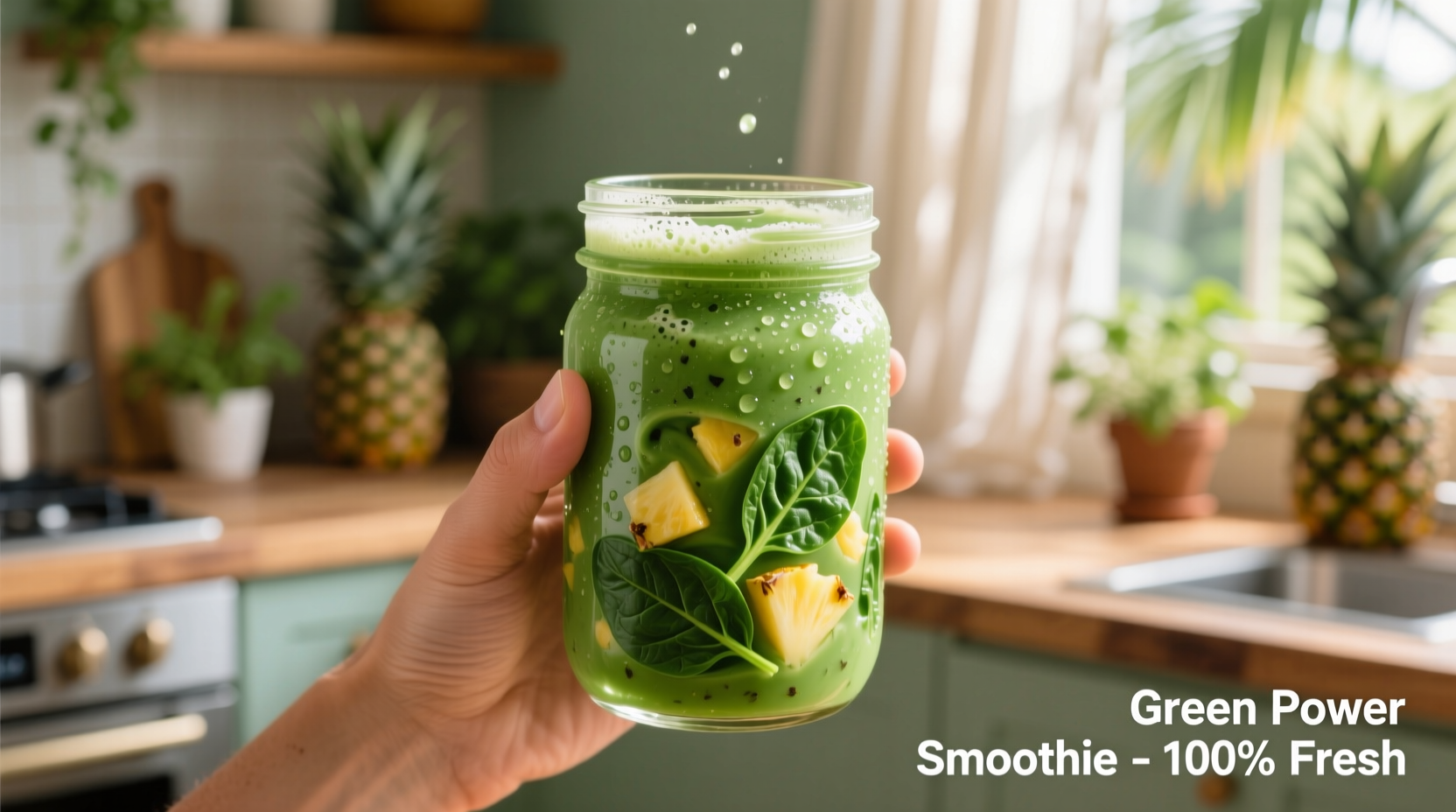 Vibrant green spinach pineapple smoothie in glass