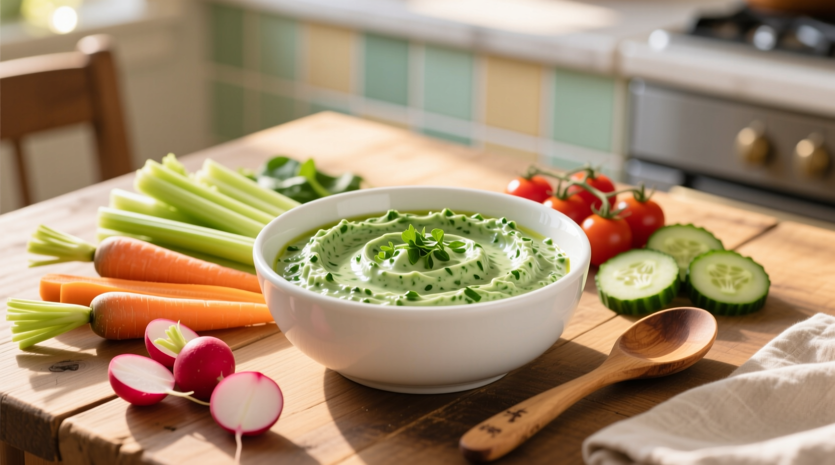 Creamy spinach vegetable dip in white bowl with fresh vegetables