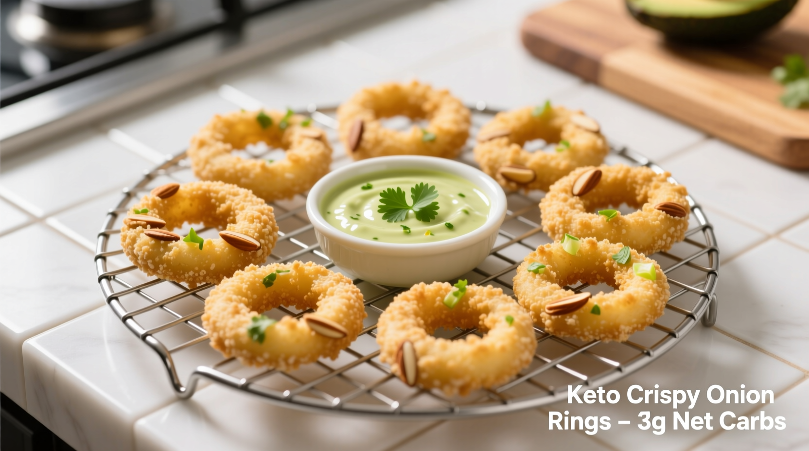 Golden keto onion rings on wire rack with dipping sauce