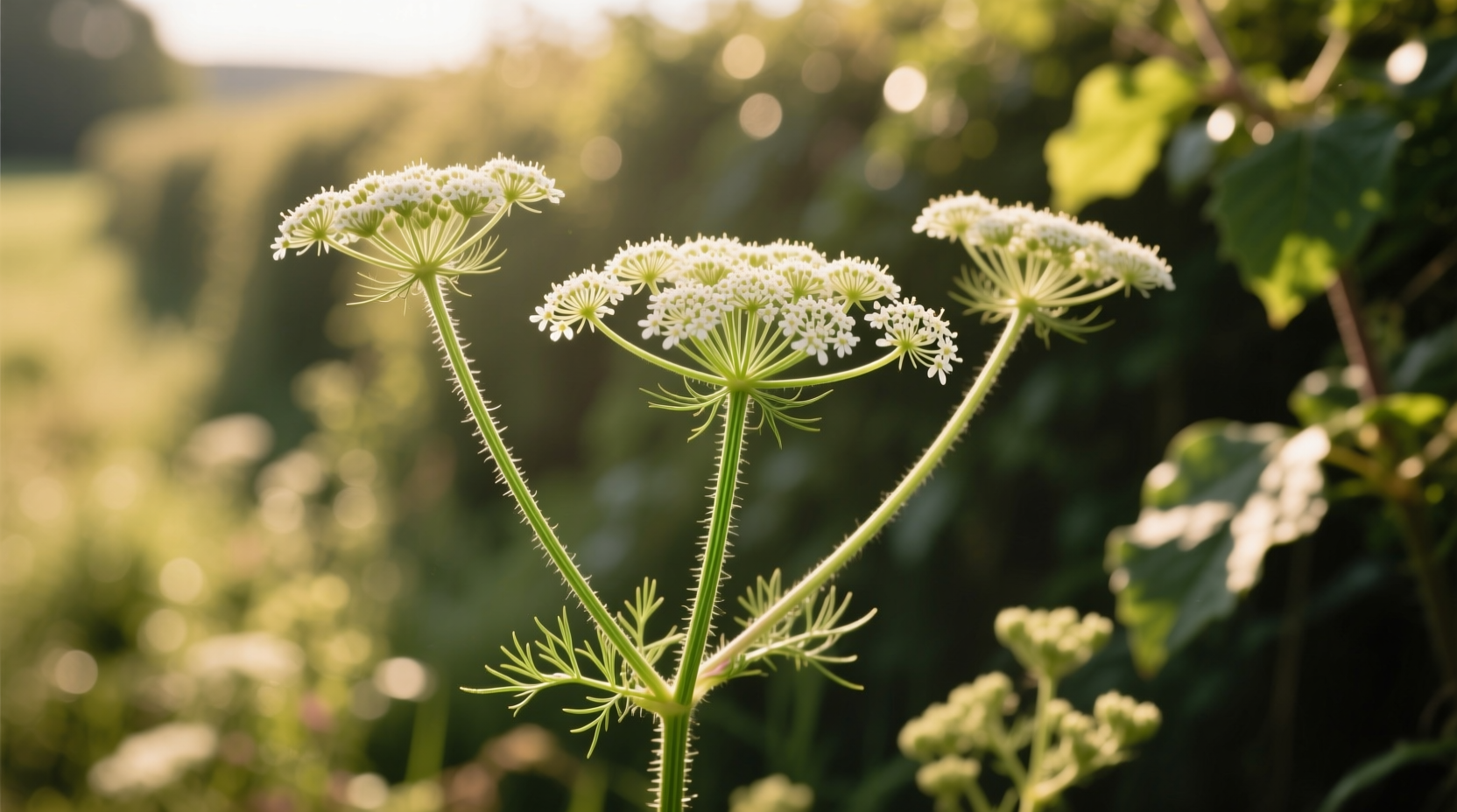 Cow parsley growing in a hedgerow with close-up stem detail