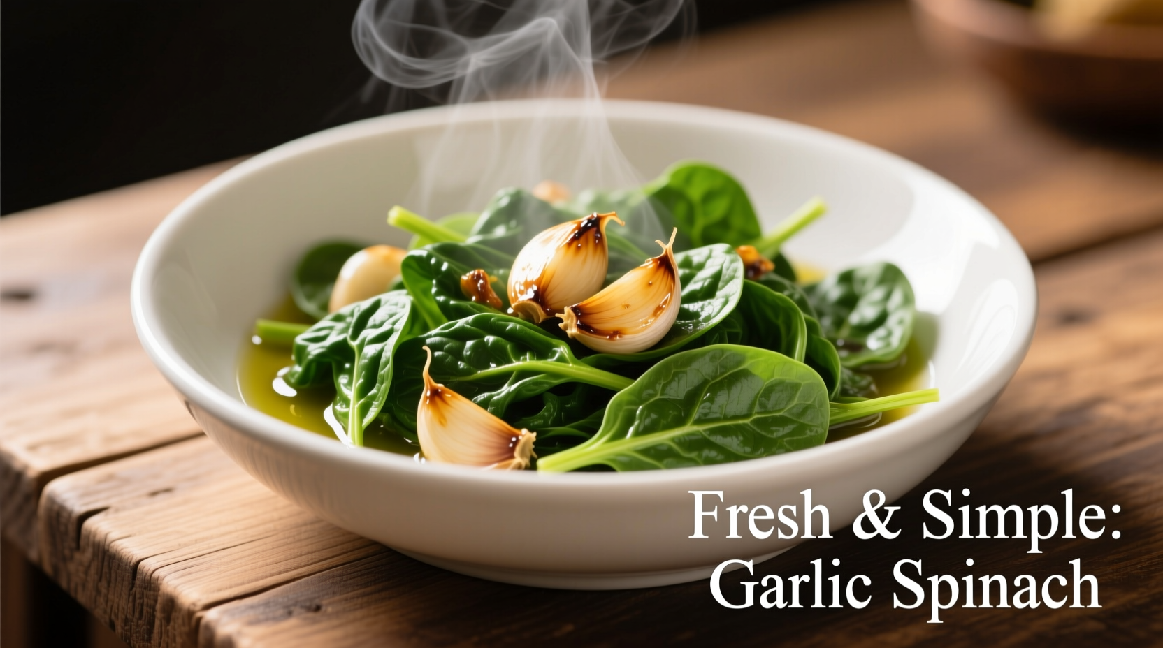 Creamy spinach in white bowl with garlic cloves