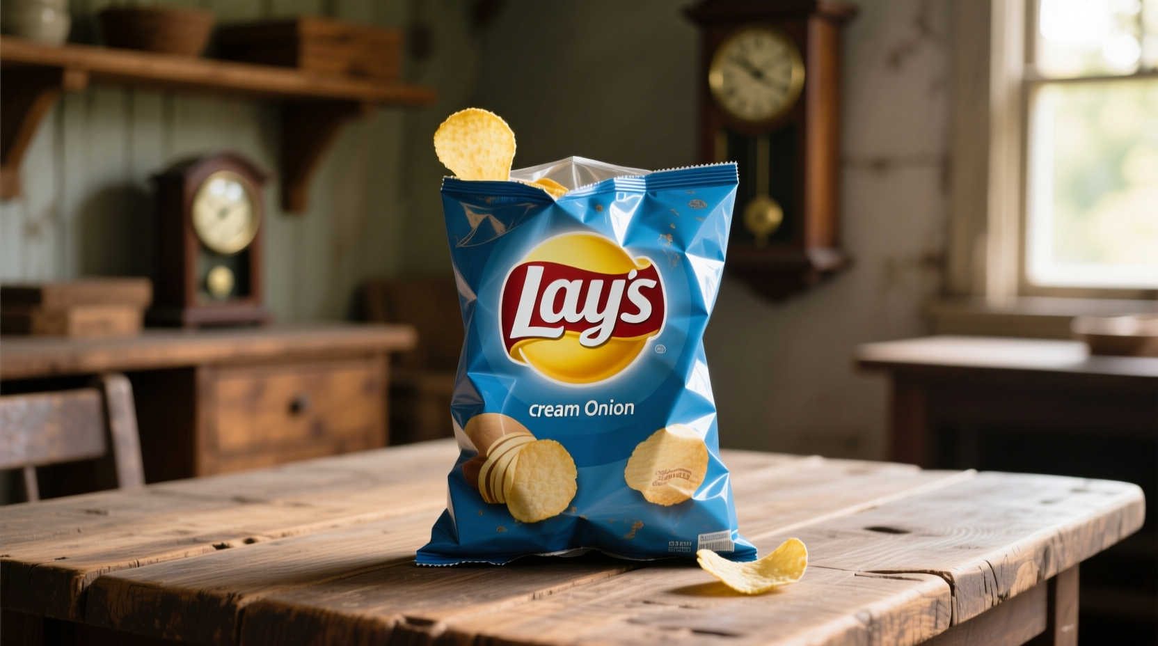 Sour cream and onion lays chips in a blue bag on wooden table