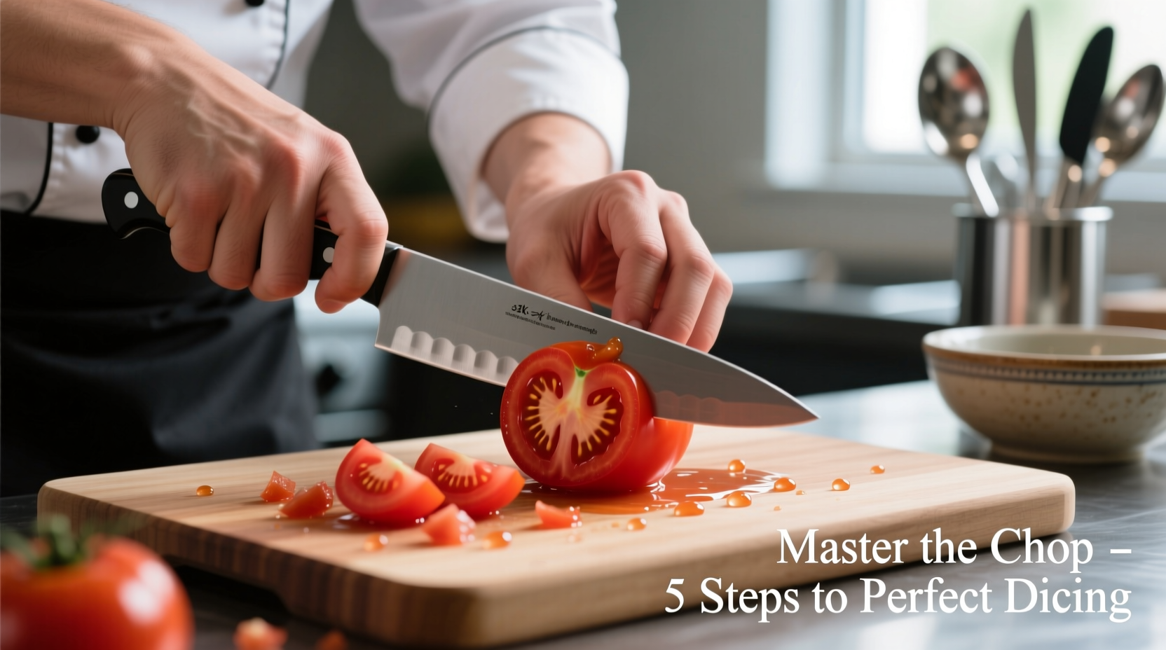 Chef's hands demonstrating proper tomato chopping technique
