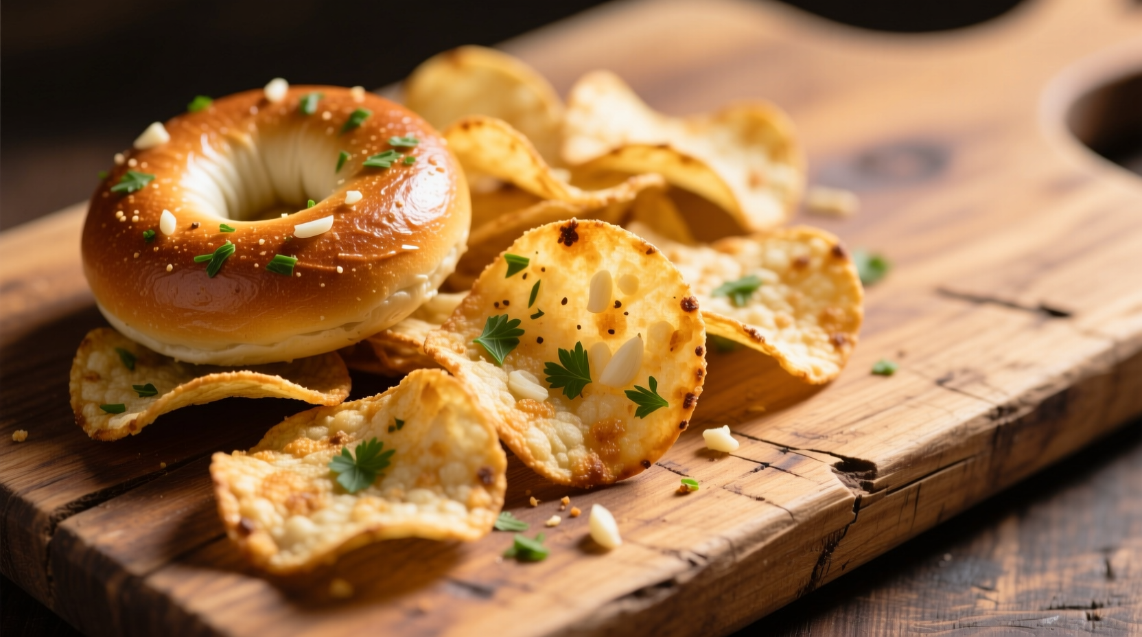 Golden garlic bagel chips arranged on rustic wooden board