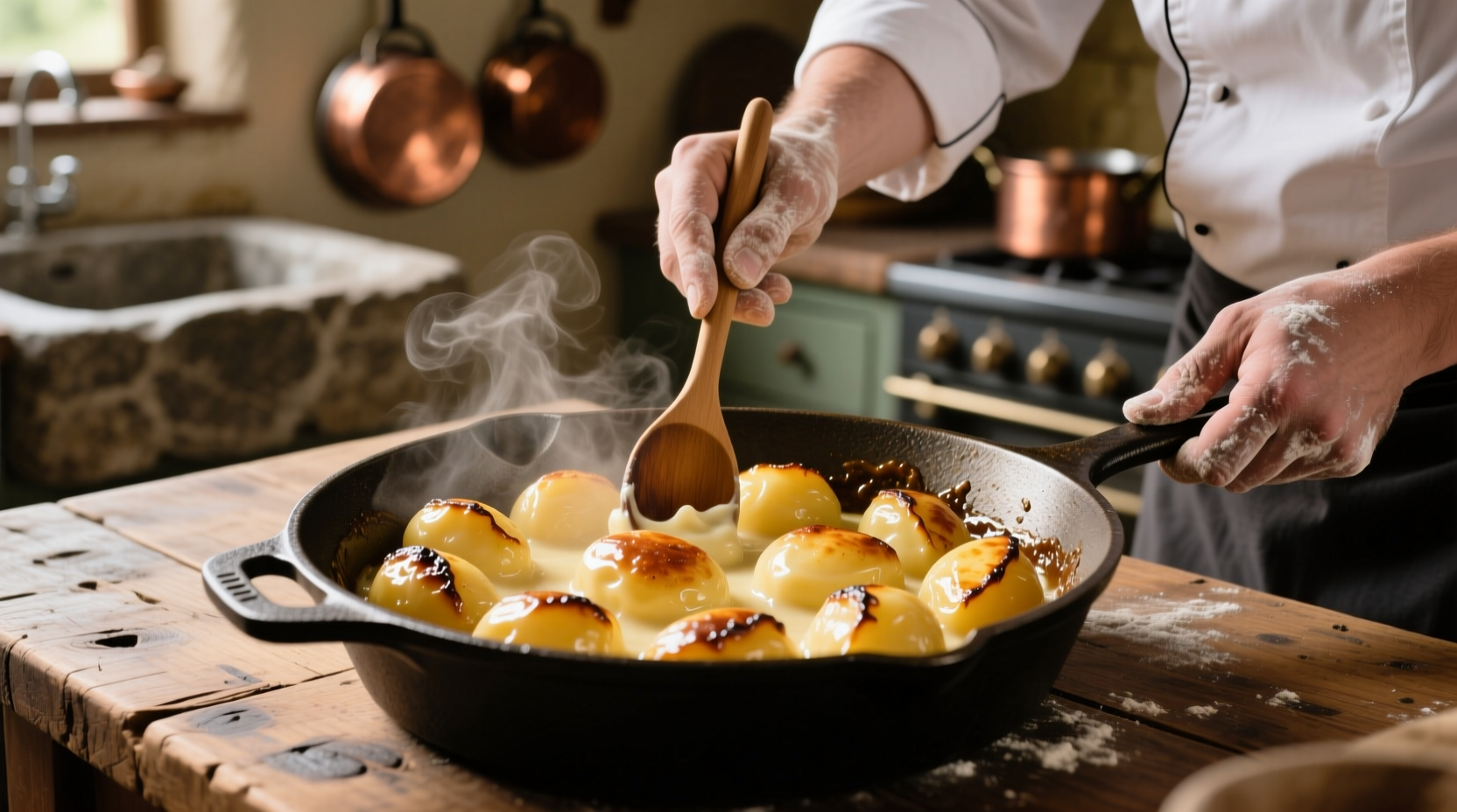 Chef preparing fondant potatoes in cast iron skillet