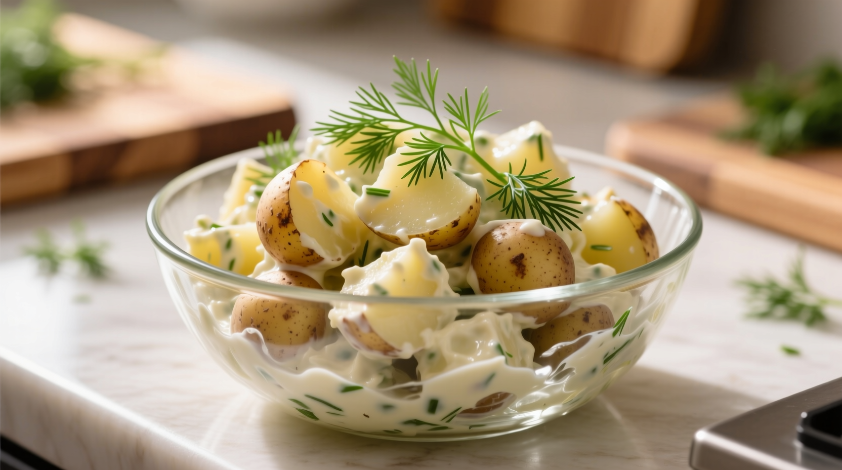 Perfectly textured potato salad in a glass bowl with fresh dill garnish