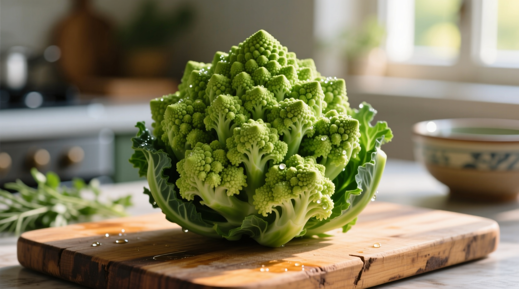 Fresh romanesco cauliflower on wooden cutting board