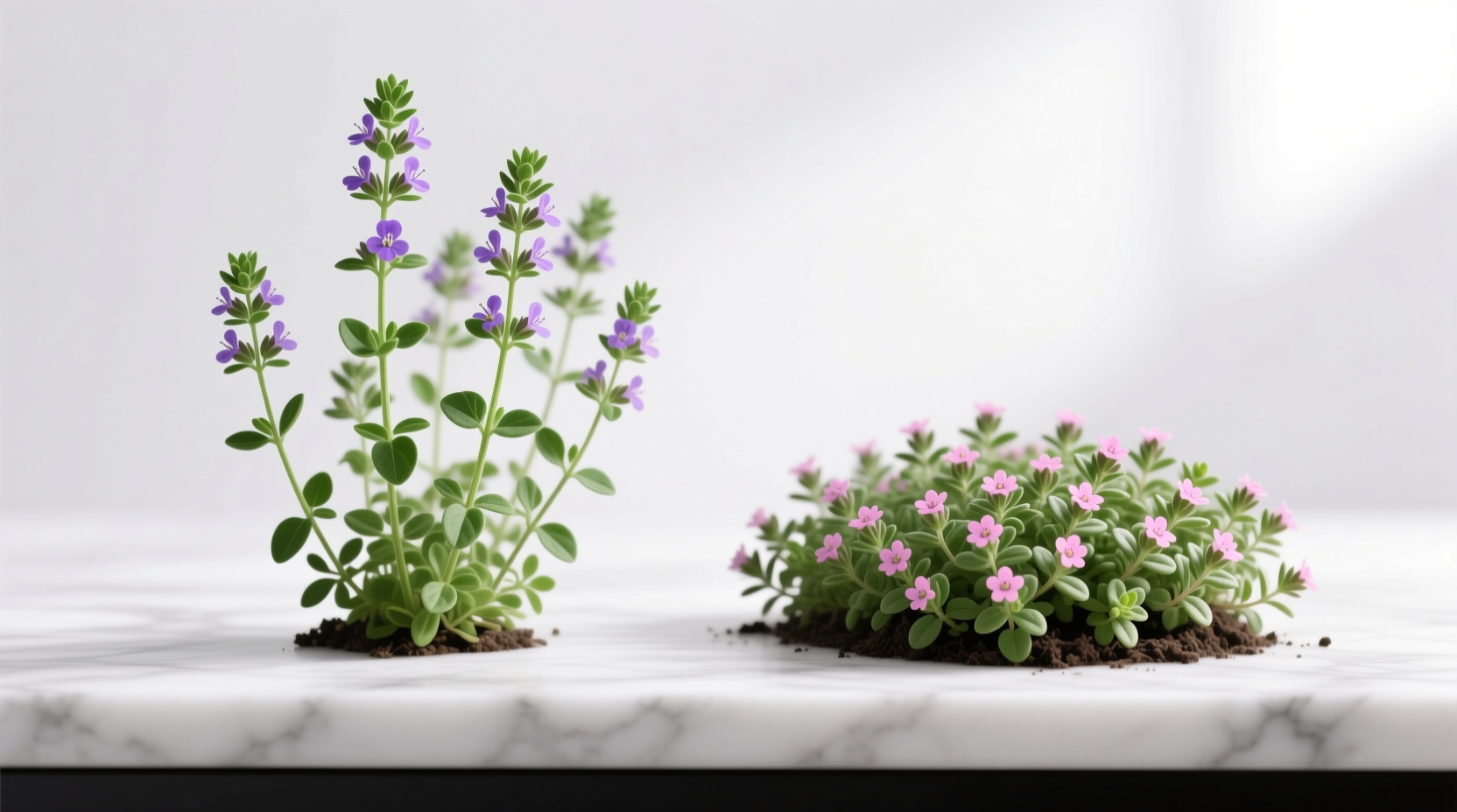 Side-by-side comparison: Common thyme (taller stems with purple flowers) vs creeping thyme (low-growing mat with pink blooms) highlighting culinary viability