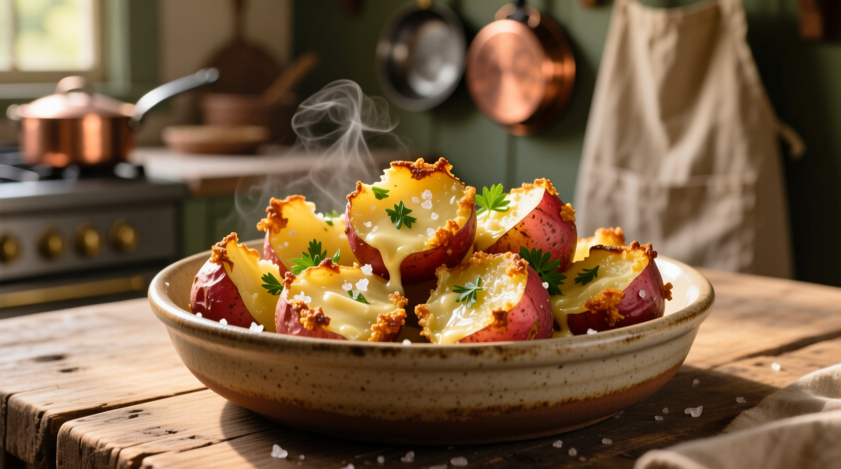 Golden garlic smashed red potatoes with crispy edges