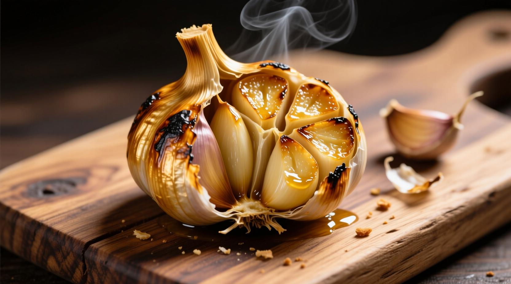 Golden roasted garlic head on wooden cutting board