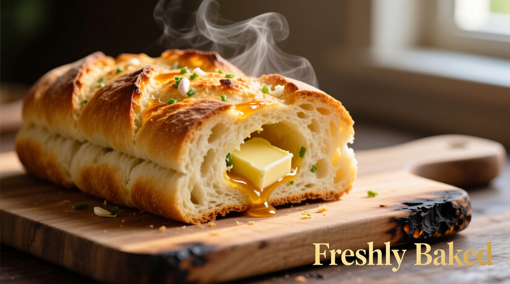 Freshly baked golden garlic bread with melted butter