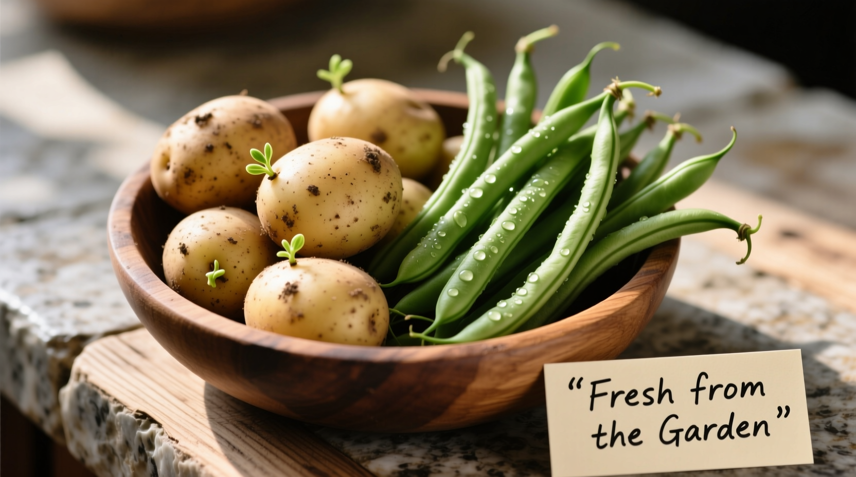 Fresh potatoes and green beans prepared for cooking