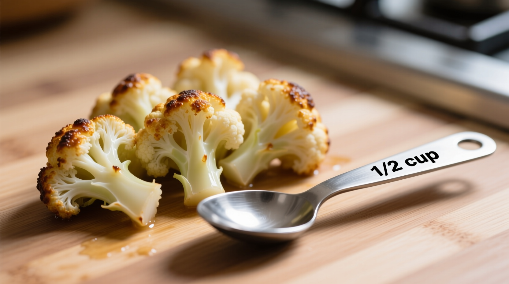 Cooked cauliflower pieces next to measuring spoon for dog portion