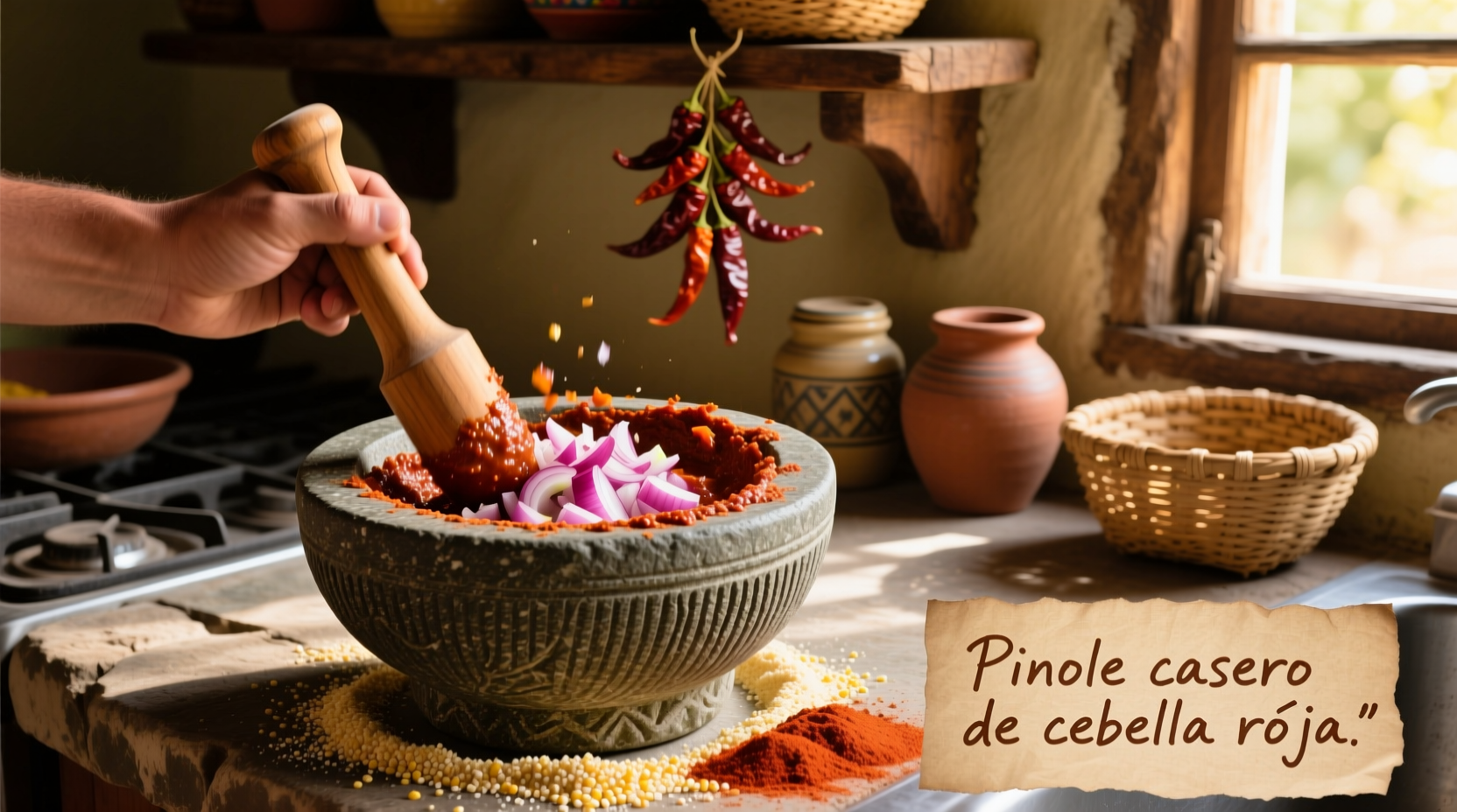Homemade red onion pinole in traditional molcajete
