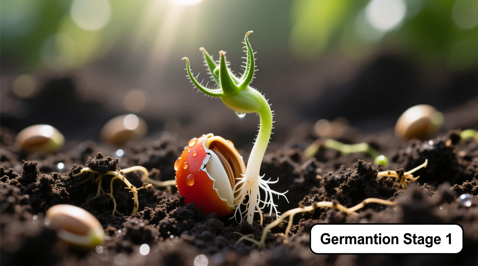 Tomato seed germination process in soil