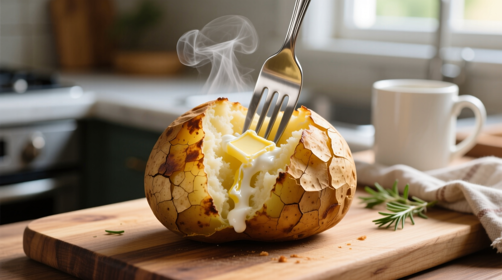 Perfectly cooked microwave baked potato with fork