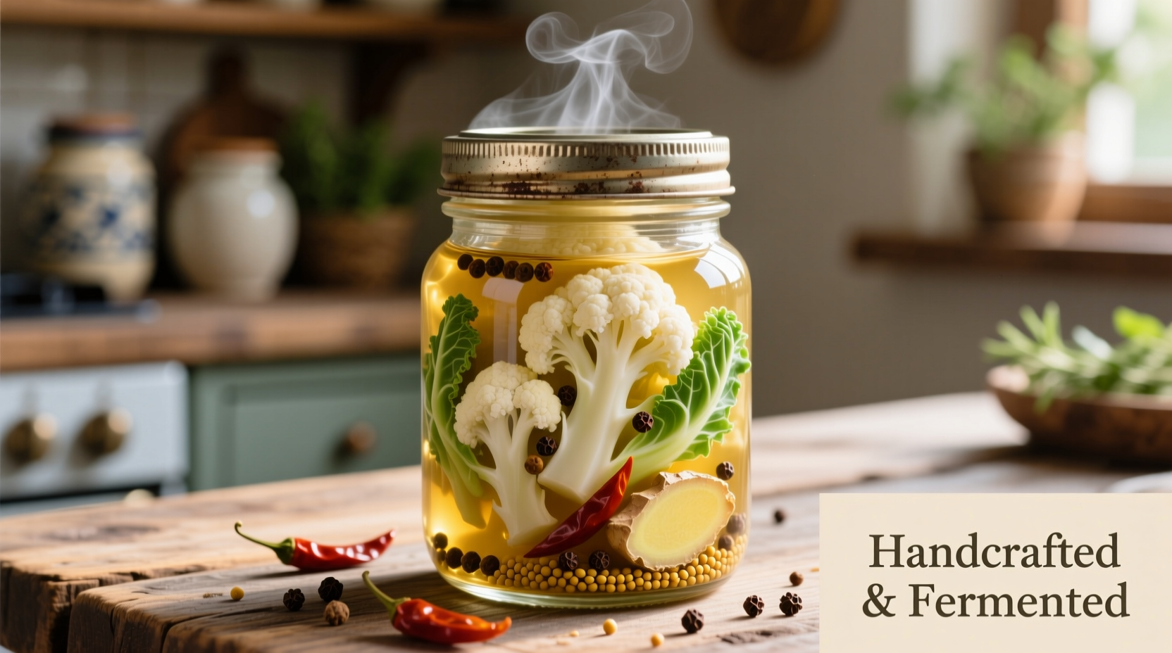 Fresh pickled cauliflower in mason jar with spices