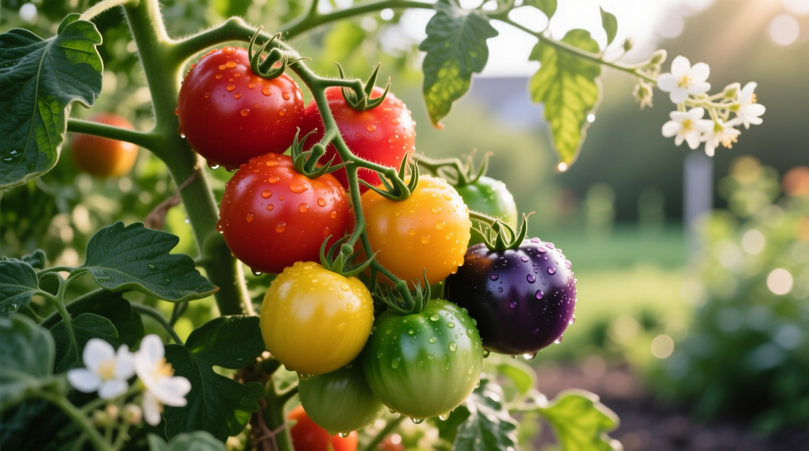 Colorful heirloom tomatoes on vine