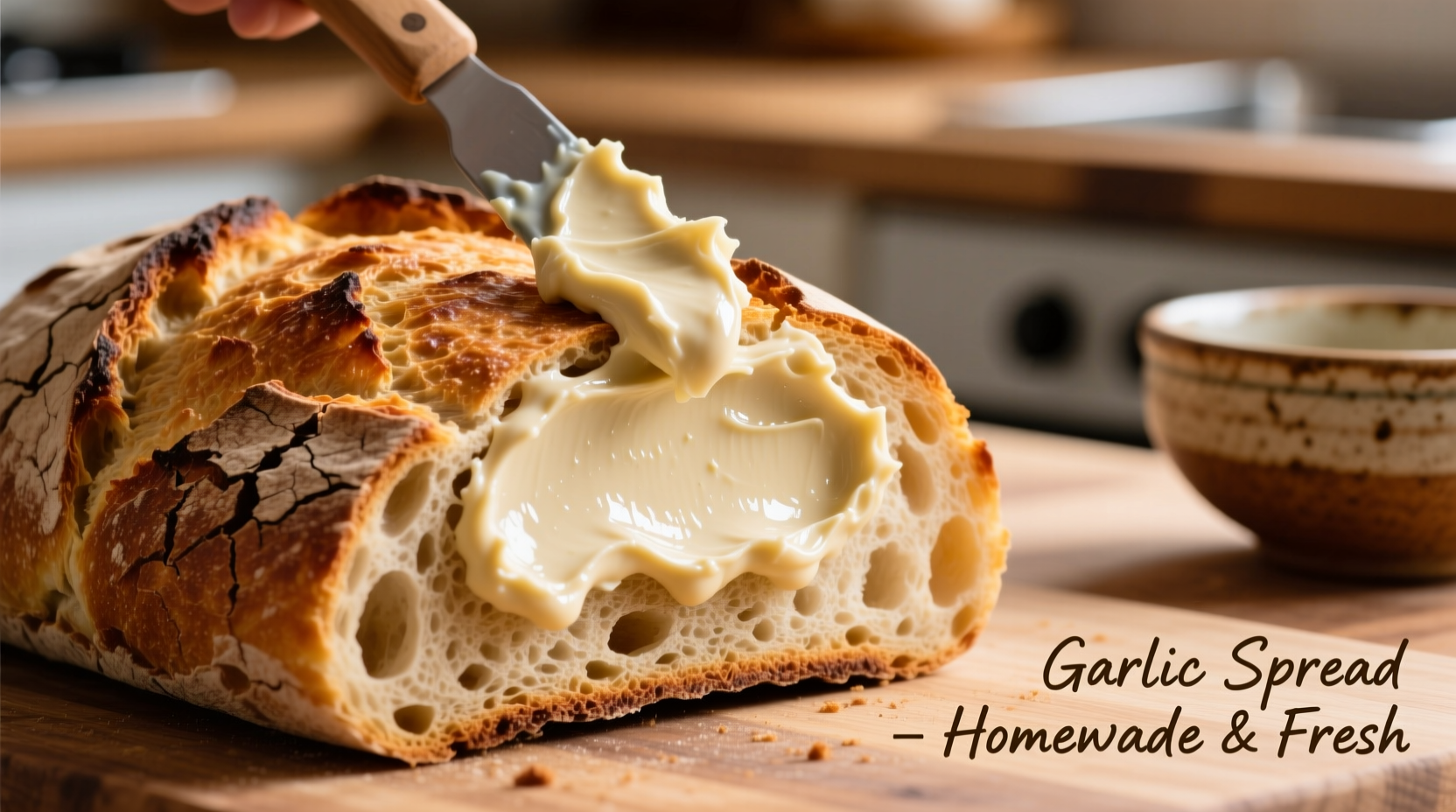Homemade garlic spread being applied to crusty bread loaf