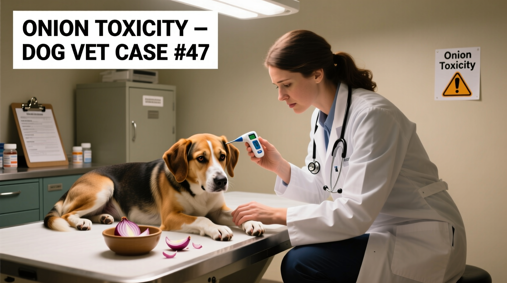 Veterinarian examining dog after onion ingestion