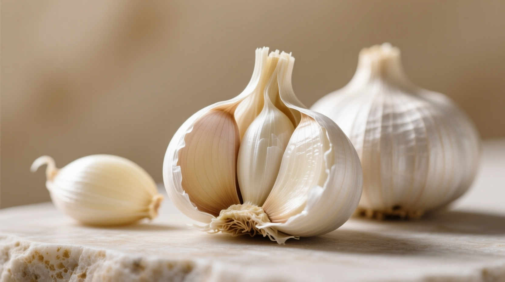 Fresh garlic cloves with skin removed showing individual segments