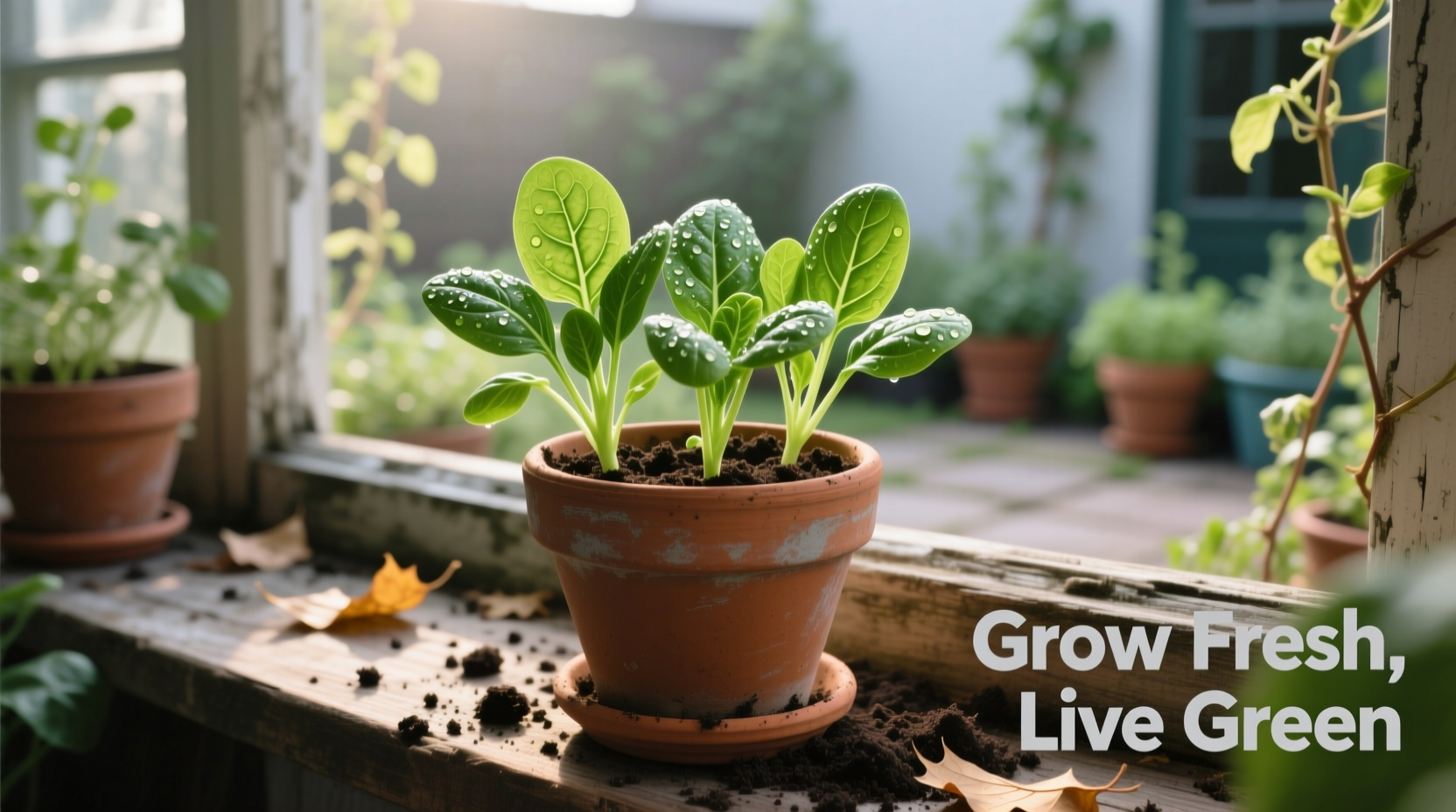 Spinach seedlings growing in container garden