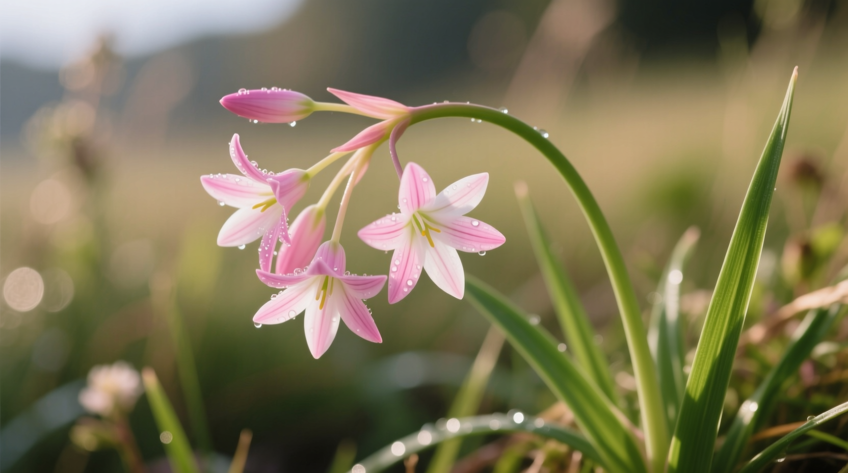 Close-up of nodding onion plant with pink flowers