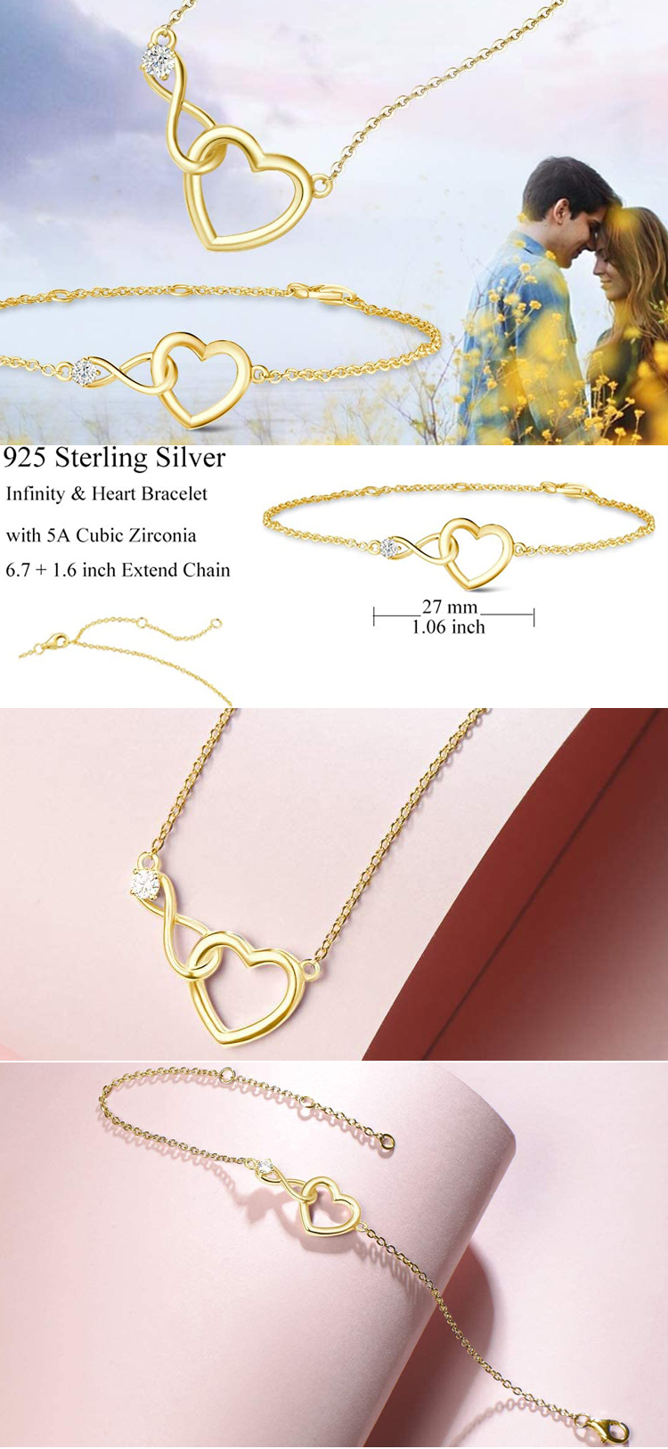 Mujeres de moda joyería chapado en oro cadena ajustable con encanto personalizado Zircon 925 plata esterlina infinito pulsera de corazón