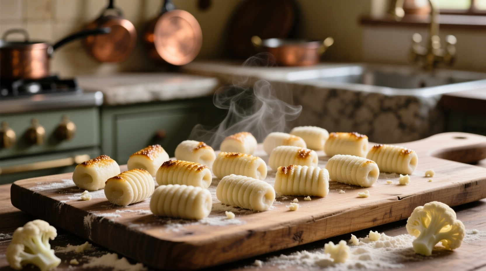 Homemade cauliflower gnocchi shaped on wooden board