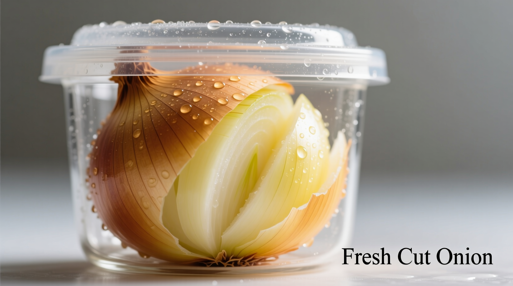 Freshly cut yellow onions in airtight container
