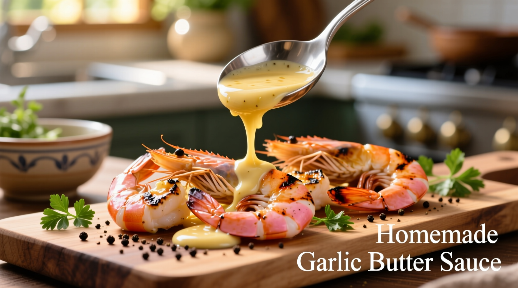 Homemade garlic butter sauce being poured over grilled shrimp
