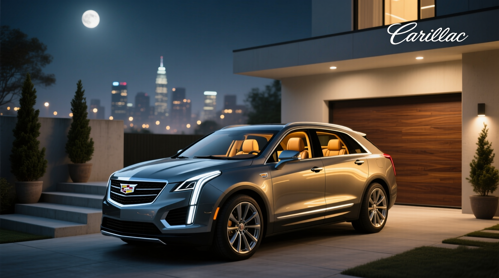 Cadillac XT5 ambient lighting glowing in dark garage environment