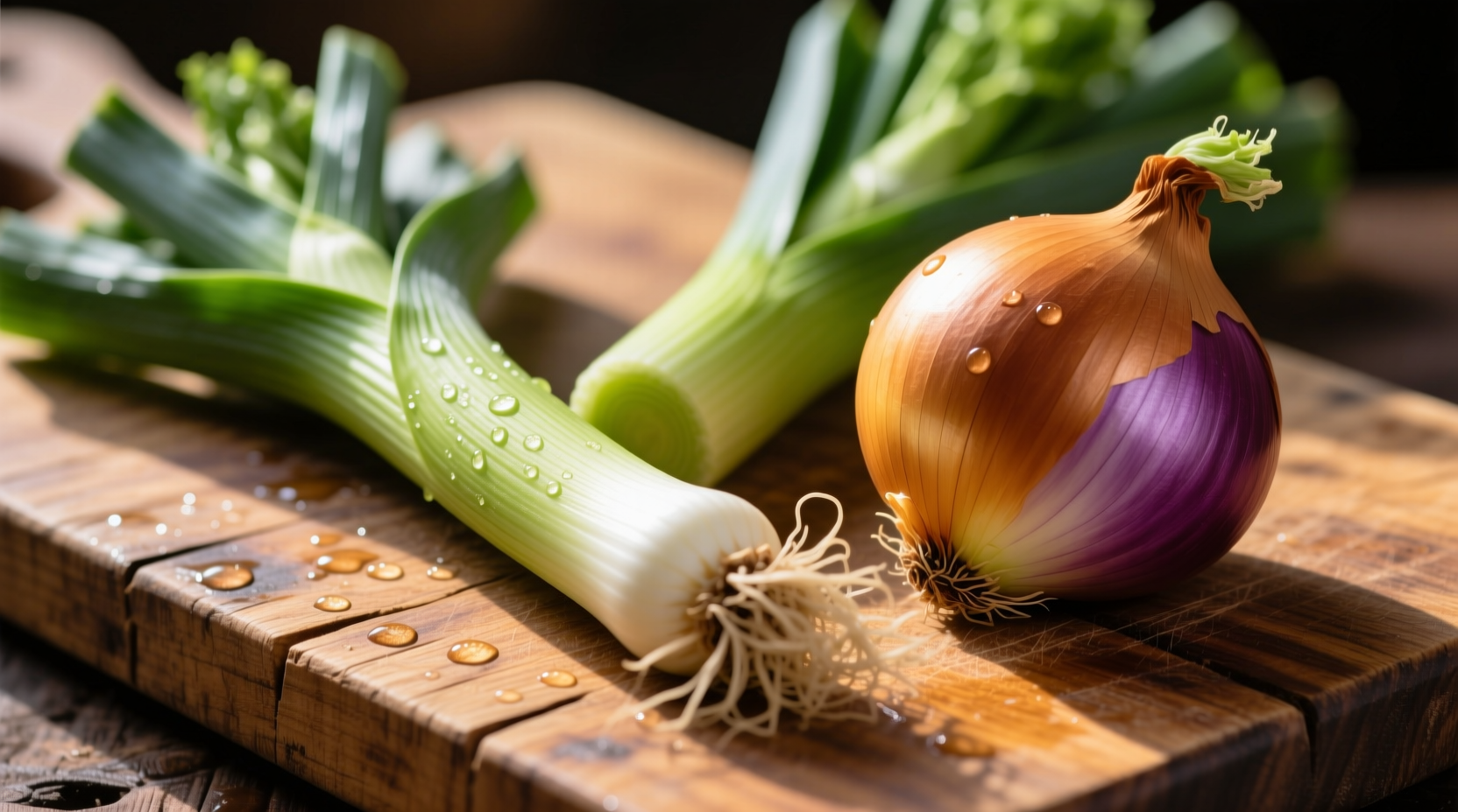 Fresh leeks and onions side by side on wooden cutting board